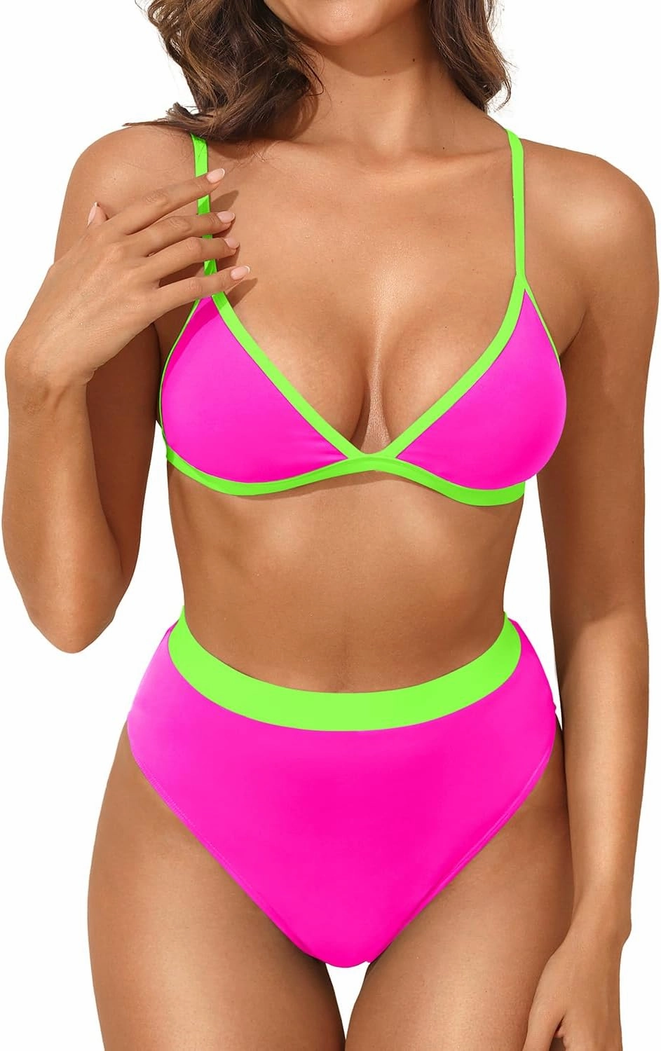 Aqua Eve Triangle High Waisted Bikini Set for Women Two Piece Bathing Suits Color Block Swimsuits