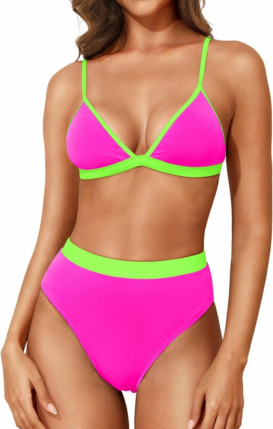 Aqua Eve Triangle High Waisted Bikini Set for Women Two Piece Bathing Suits Color Block Swimsuits