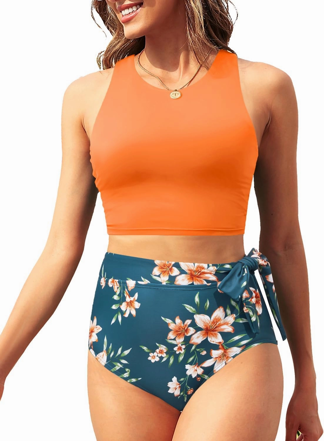 Aqua Eve Women High Waisted Bikini Set Racerback Swimsuit Two Piece Bathing Suit High Neck Swimwear