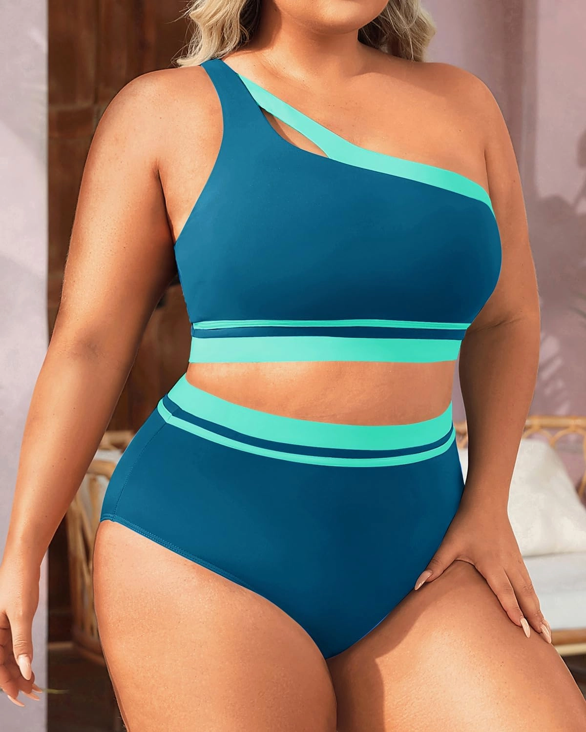 Aqua Eve Women Plus Size High Waisted Bikini One Shoulder Two Piece Swimsuit Color Block Bathing Suits