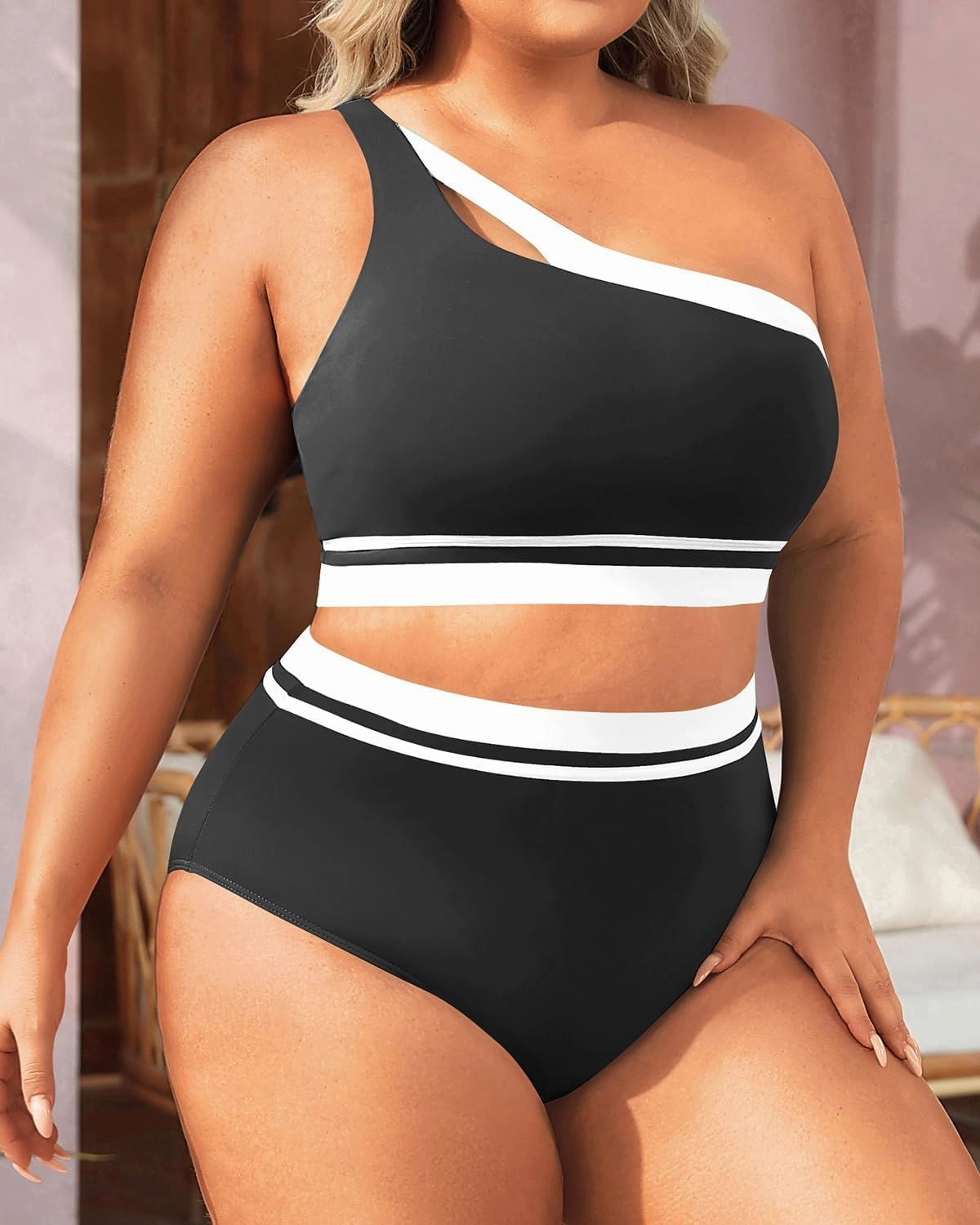 Aqua Eve Women Plus Size High Waisted Bikini One Shoulder Two Piece Swimsuit Color Block Bathing Suits