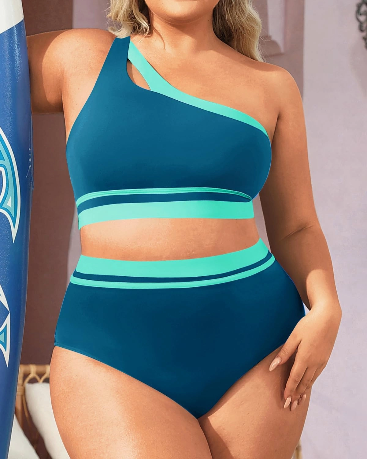 Aqua Eve Women Plus Size High Waisted Bikini One Shoulder Two Piece Swimsuit Color Block Bathing Suits