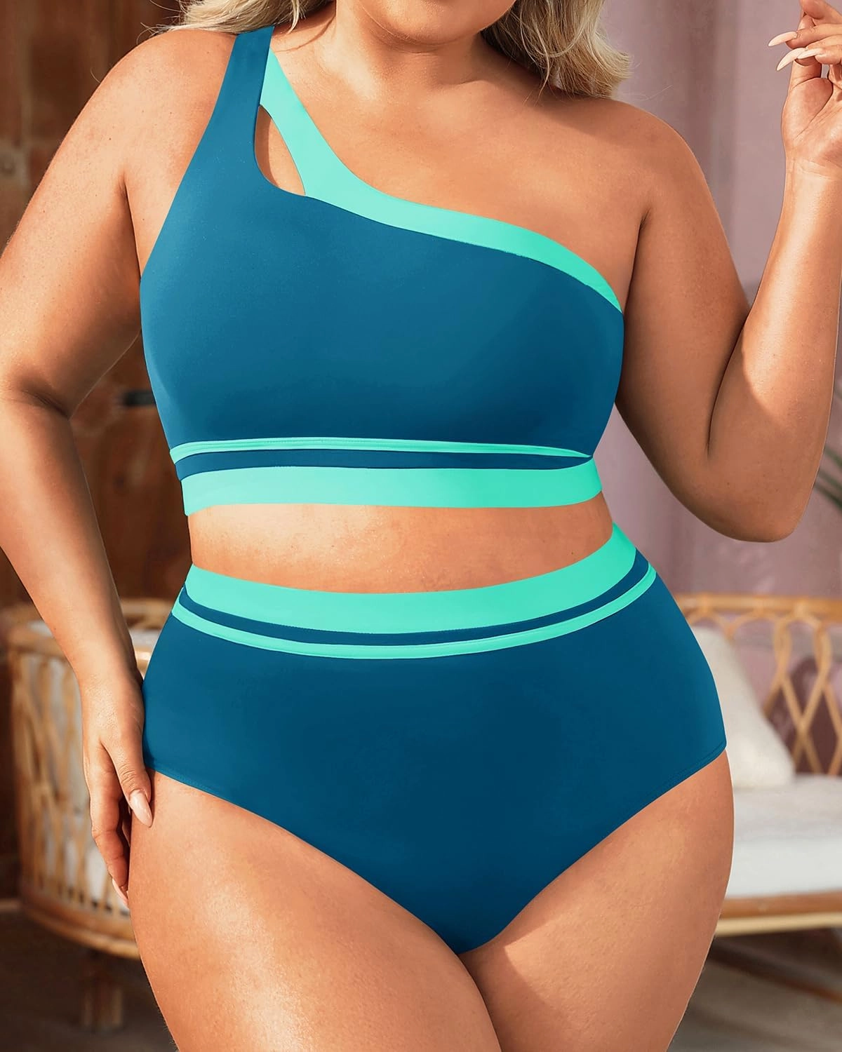Aqua Eve Women Plus Size High Waisted Bikini One Shoulder Two Piece Swimsuit Color Block Bathing Suits