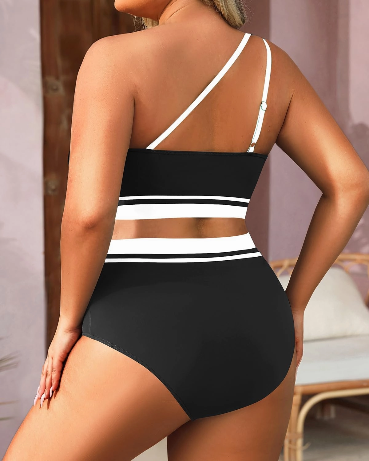 Aqua Eve Women Plus Size High Waisted Bikini One Shoulder Two Piece Swimsuit Color Block Bathing Suits