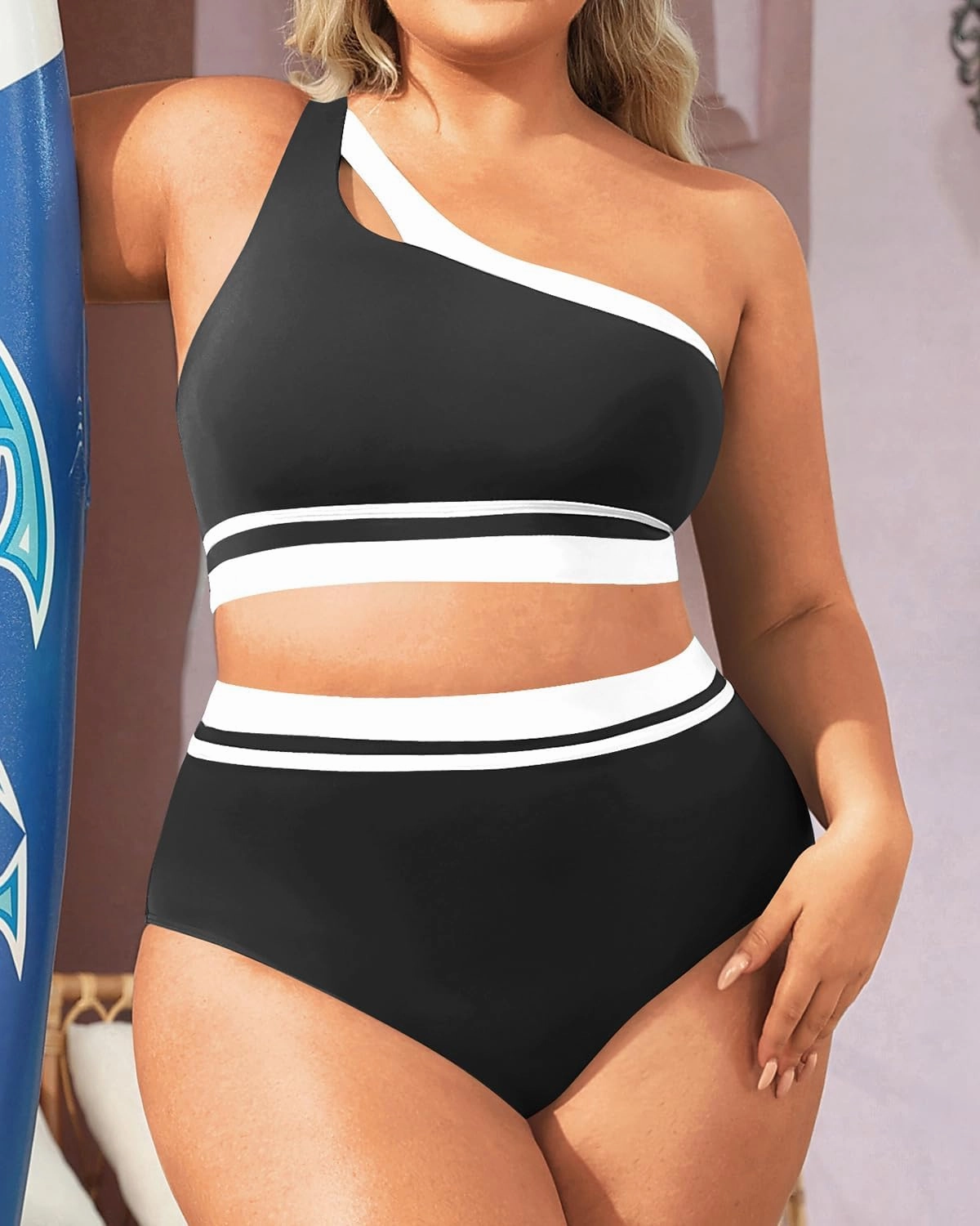 Aqua Eve Women Plus Size High Waisted Bikini One Shoulder Two Piece Swimsuit Color Block Bathing Suits