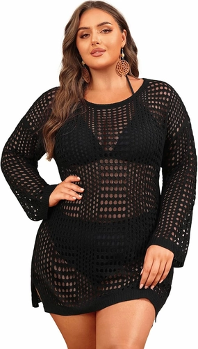 Aqua Eve Women's Plus Size Swimsuit Cover Up - Crochet Bathing Suit Coverups 2025 Long Sleeve Swimwear Beach Dress Black
