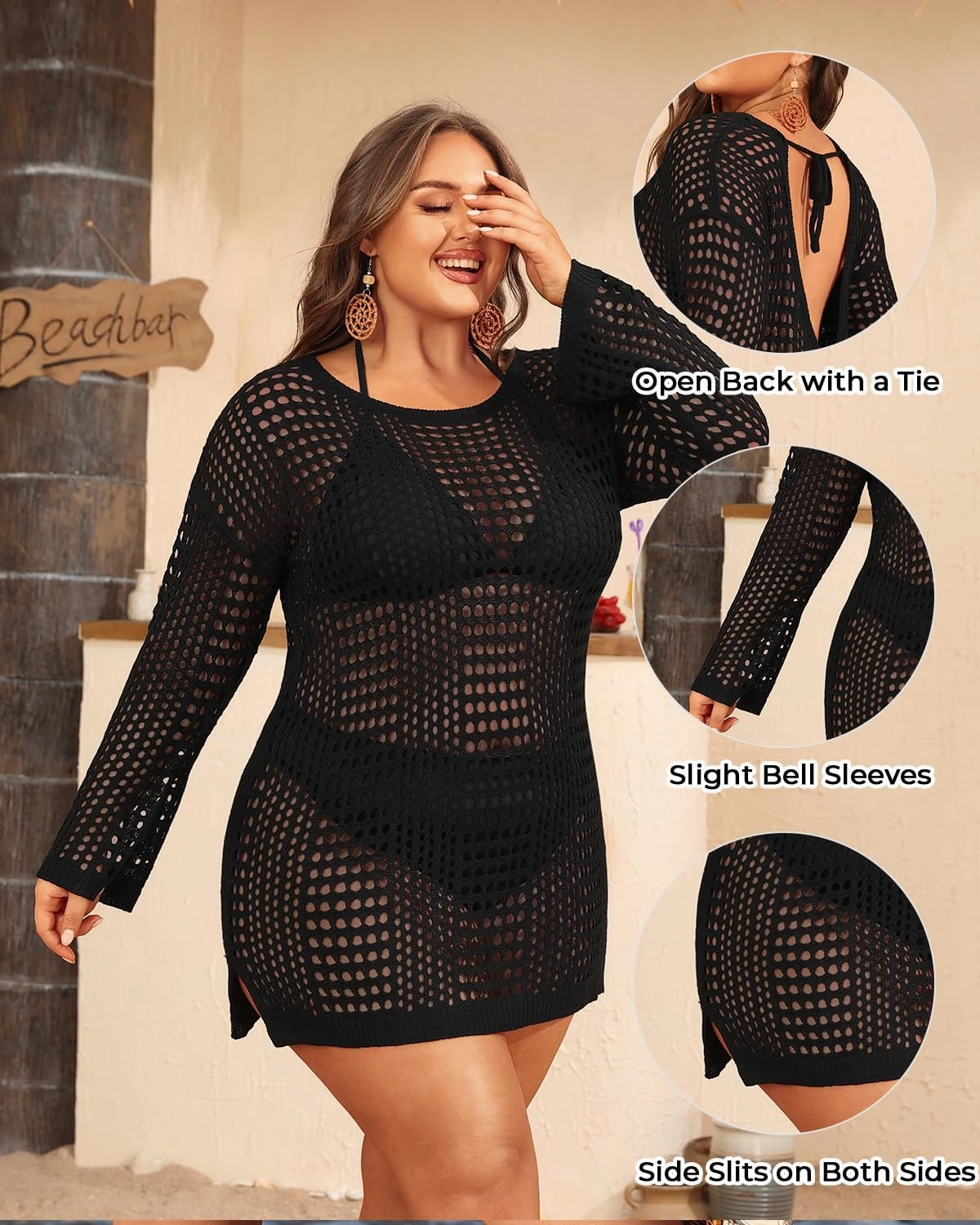 Aqua Eve Women's Plus Size Swimsuit Cover Up - Crochet Bathing Suit Coverups 2025 Long Sleeve Swimwear Beach Dress Black