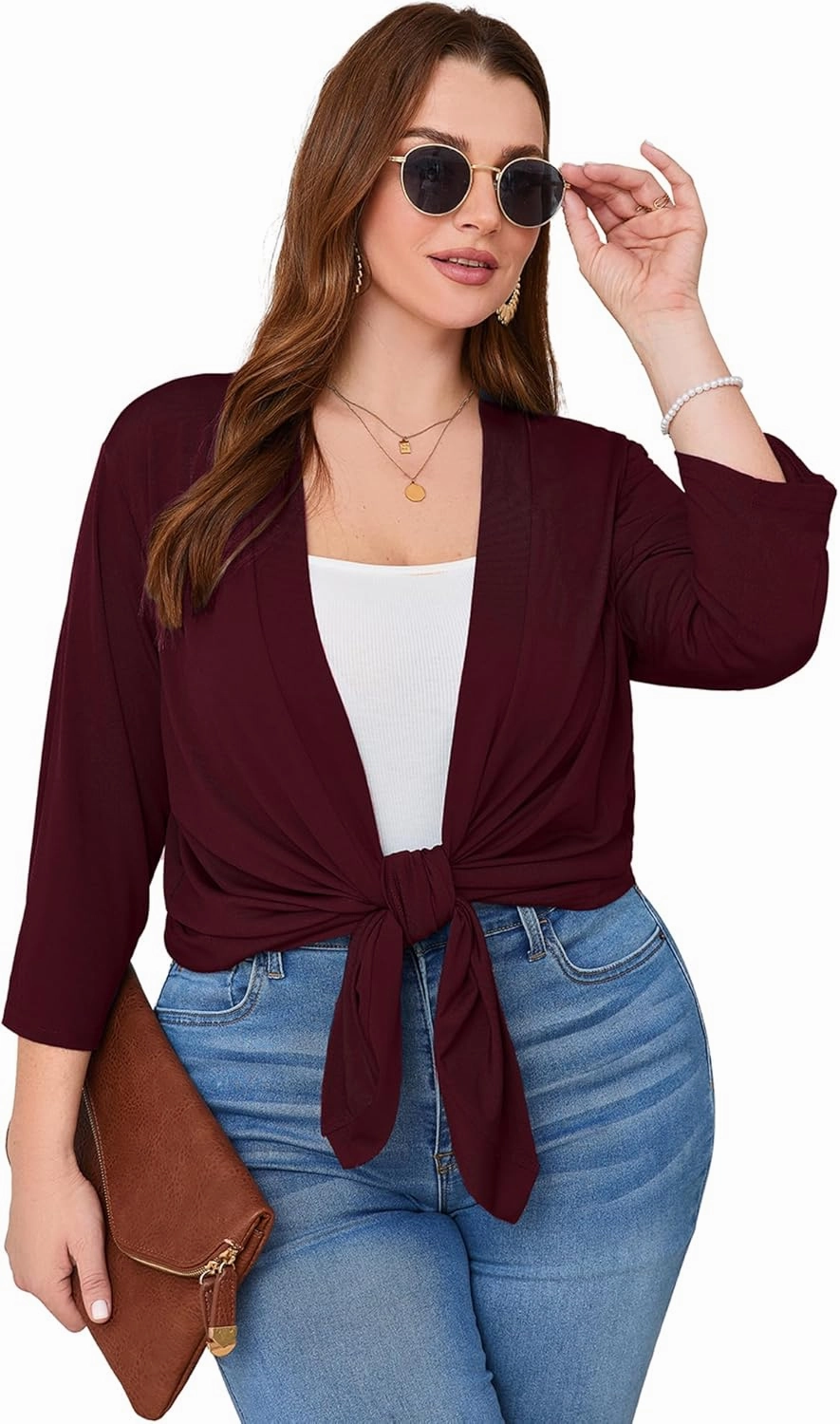 AusLook Women's Plus Size Lightweight Open Front Cardigan 3/4 Sleeve Cover Ups Shrugs Shawls and Wraps Kimono Jacket Coat