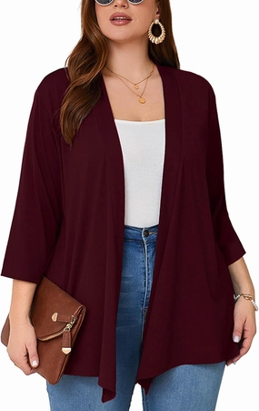 AusLook Women's Plus Size Lightweight Open Front Cardigan 3/4 Sleeve Cover Ups Shrugs Shawls and Wraps Kimono Jacket Coat