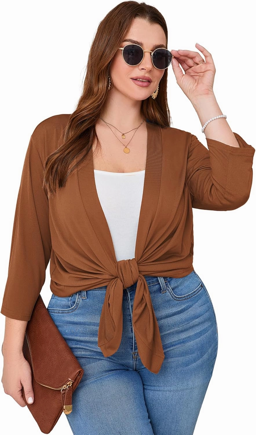 AusLook Women's Plus Size Lightweight Open Front Cardigan 3/4 Sleeve Cover Ups Shrugs Shawls and Wraps Kimono Jacket Coat