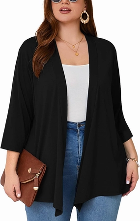 AusLook Women's Plus Size Lightweight Open Front Cardigan 3/4 Sleeve Cover Ups Shrugs Shawls and Wraps Kimono Jacket Coat