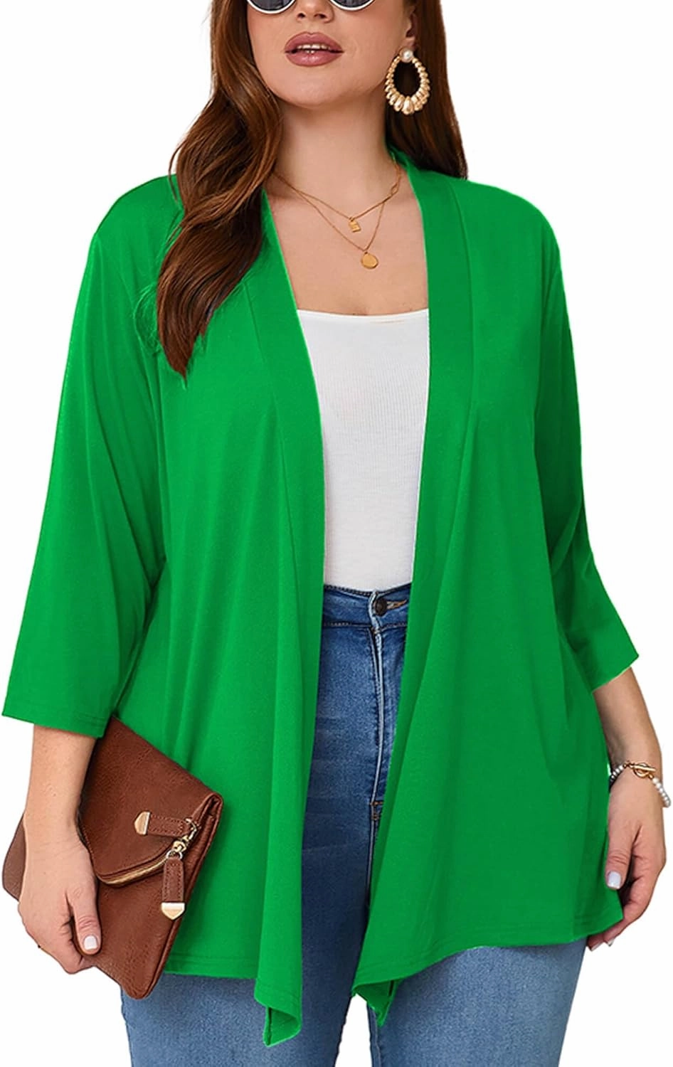 AusLook Women's Plus Size Lightweight Open Front Cardigan 3/4 Sleeve Cover Ups Shrugs Shawls and Wraps Kimono Jacket Coat