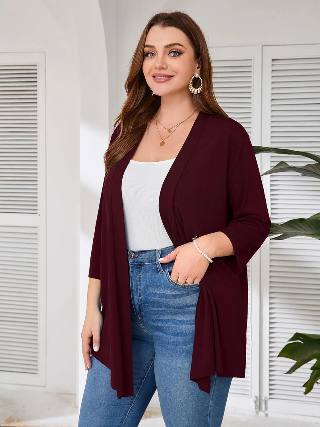 AusLook Women's Plus Size Lightweight Open Front Cardigan 3/4 Sleeve Cover Ups Shrugs Shawls and Wraps Kimono Jacket Coat