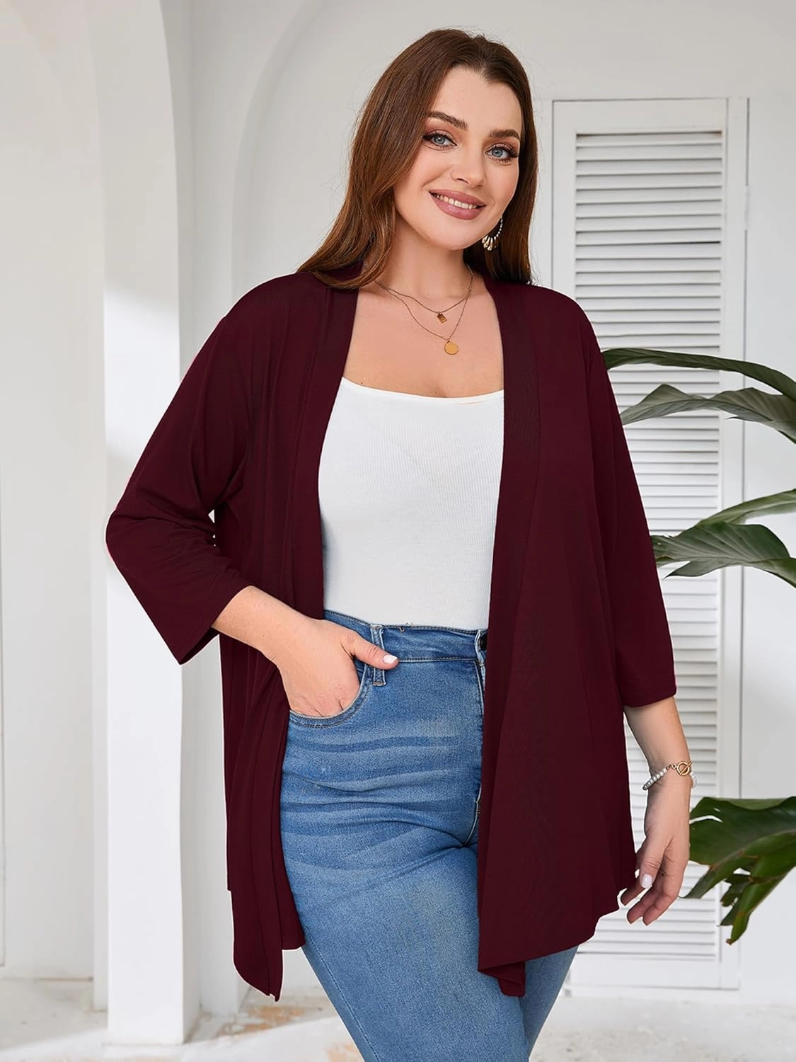 AusLook Women's Plus Size Lightweight Open Front Cardigan 3/4 Sleeve Cover Ups Shrugs Shawls and Wraps Kimono Jacket Coat