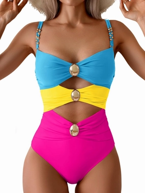 B2prity One Piece Swimsuit for Women Cutout Monokini Color Block Bathing Suit Ruched Sexy Swimwear