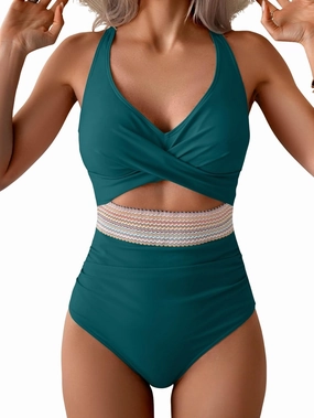 B2prity One Piece Swimsuit for Women Tummy Control V Neck Bathing Suit Color Block High Waisted Cutout Swimwear