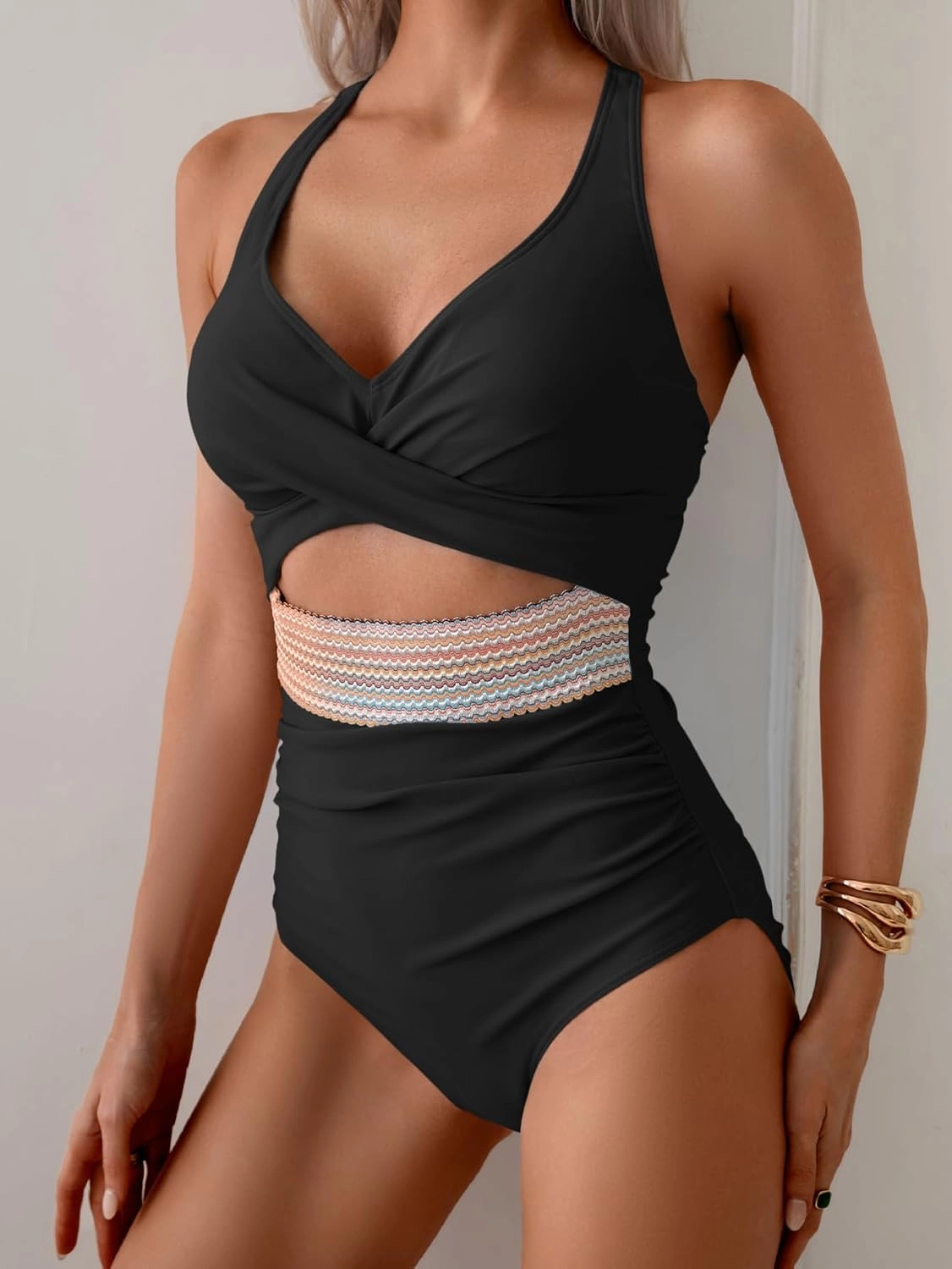 B2prity One Piece Swimsuit for Women Tummy Control V Neck Bathing Suit Color Block High Waisted Cutout Swimwear