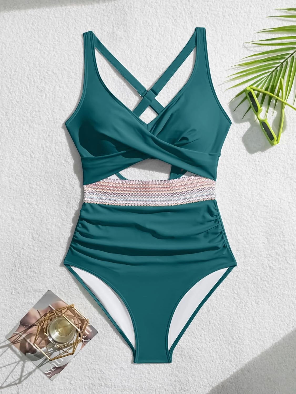 B2prity One Piece Swimsuit for Women Tummy Control V Neck Bathing Suit Color Block High Waisted Cutout Swimwear