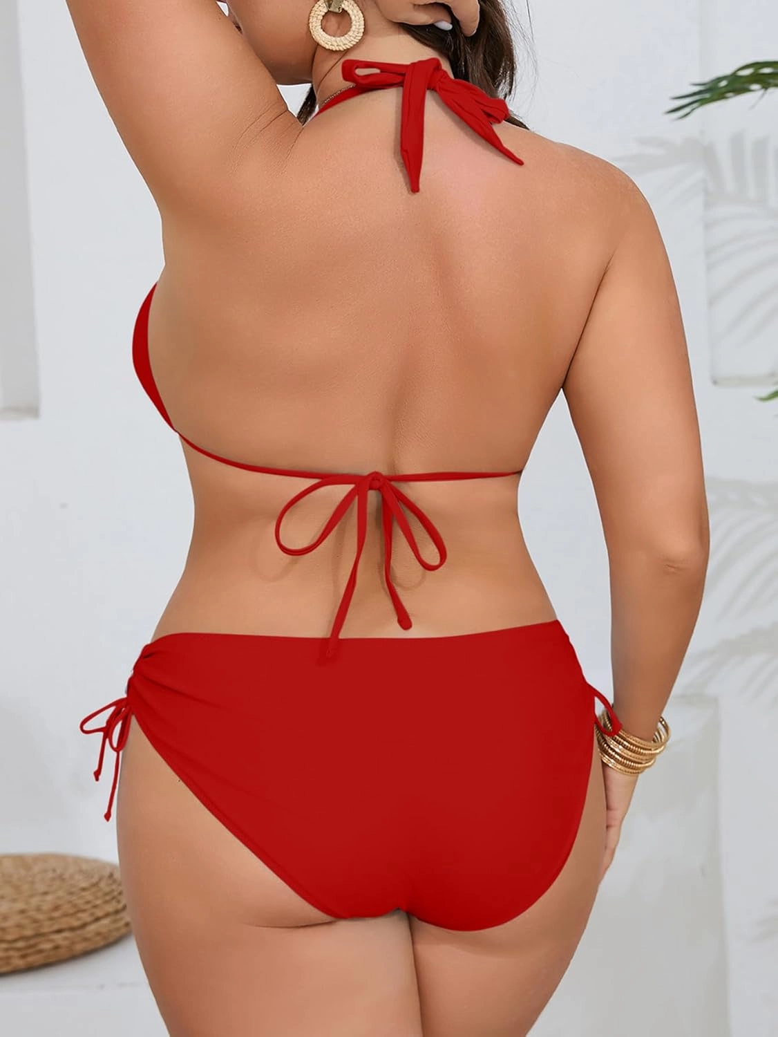 B2prity Plus Size Bikini Sets for Women Halter Triangle Two Piece Swimsuit V Neck Tie Back Bathing Suit Shell Swimwear