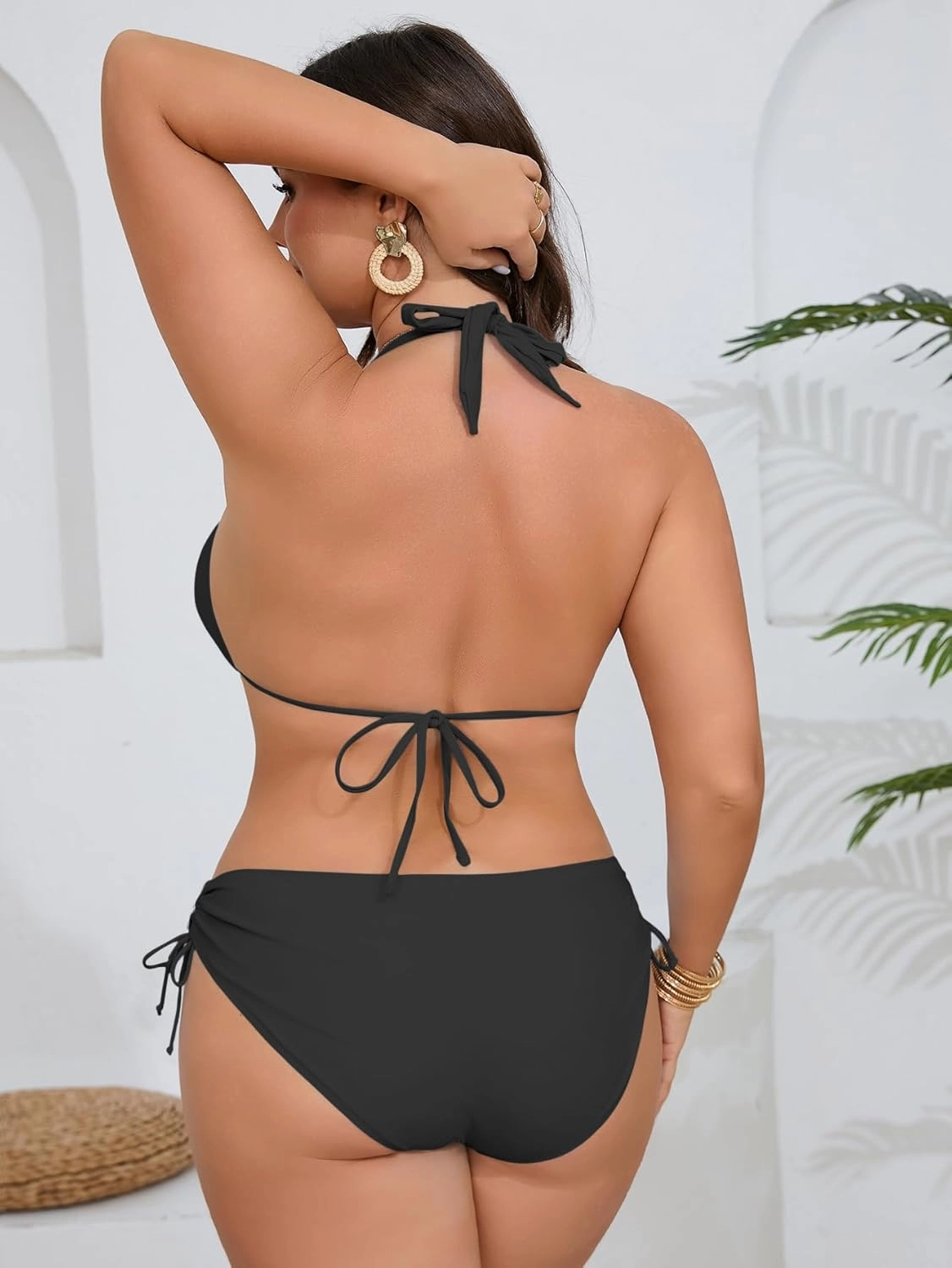 B2prity Plus Size Bikini Sets for Women Halter Triangle Two Piece Swimsuit V Neck Tie Back Bathing Suit Shell Swimwear