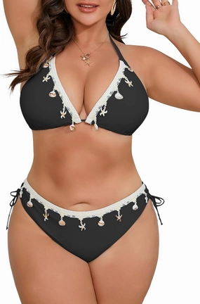 B2prity Plus Size Bikini Sets for Women Halter Triangle Two Piece Swimsuit V Neck Tie Back Bathing Suit Shell Swimwear