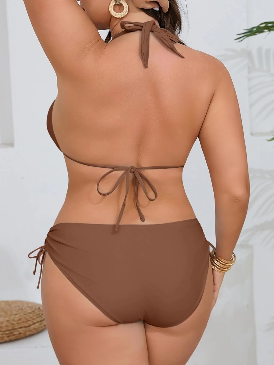 B2prity Plus Size Bikini Sets for Women Halter Triangle Two Piece Swimsuit V Neck Tie Back Bathing Suit Shell Swimwear