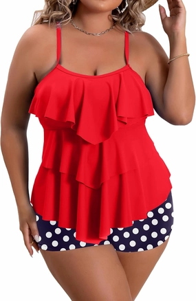 B2prity Women Plus Size Tankini Swimsuits Tummy Control Two Piece Bathing Suit Ruffled Flounce Swimwear with Shorts