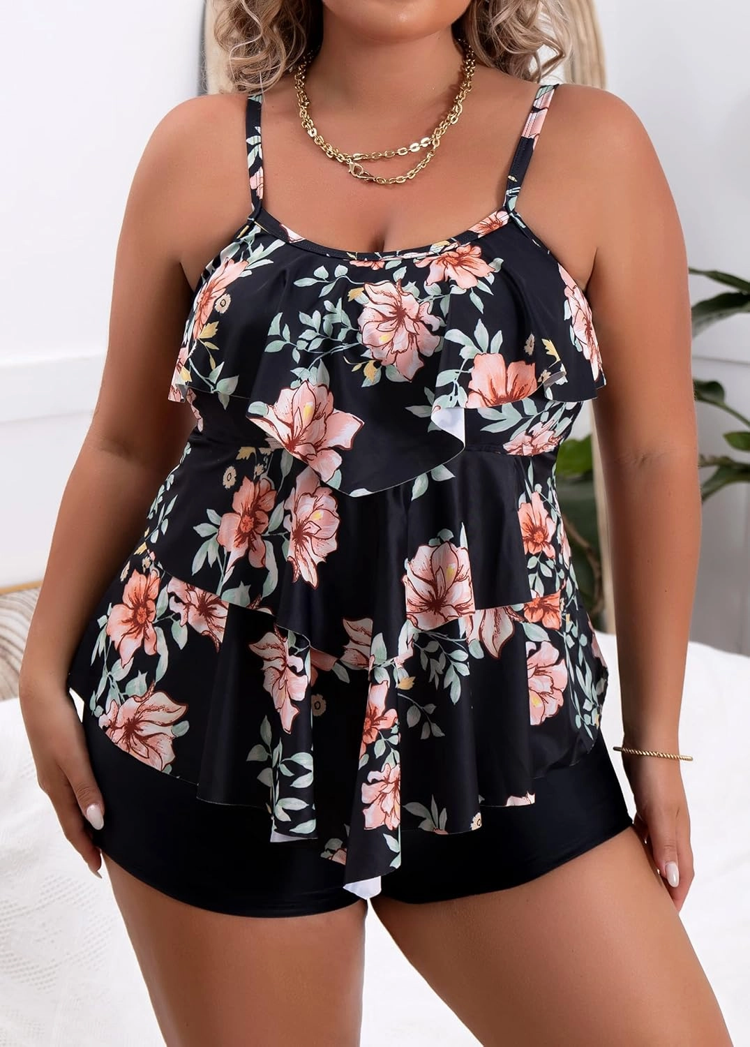 B2prity Women Plus Size Tankini Swimsuits Tummy Control Two Piece Bathing Suit Ruffled Flounce Swimwear with Shorts