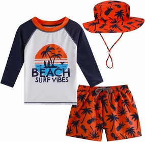 Baby Boys Swimsuit, 3-Piece Toddlers Swimsuit Trunk Long Sleeve Rashguard Swimwear and Sun Hat Set