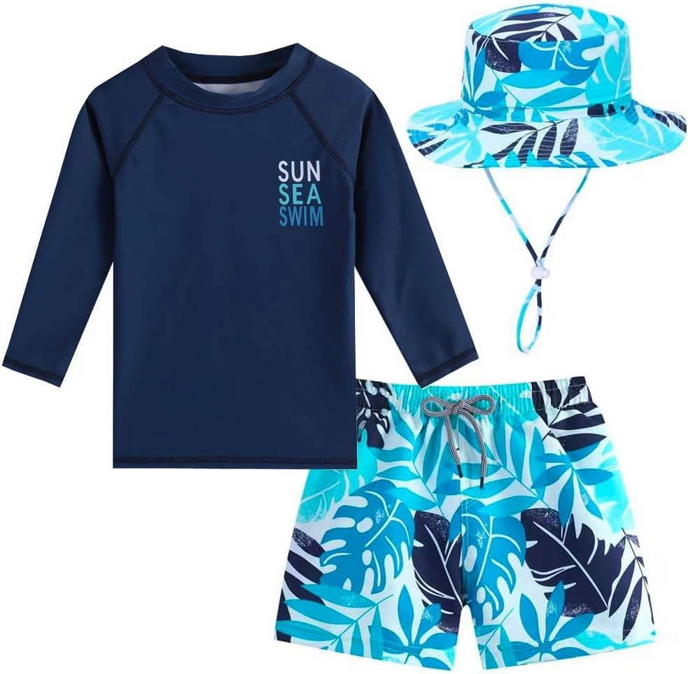 Baby Boys Swimsuit, 3-Piece Toddlers Swimsuit Trunk Long Sleeve Rashguard Swimwear and Sun Hat Set