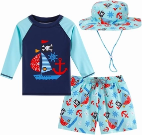 Baby Boys Swimsuit, 3-Piece Toddlers Swimsuit Trunk Long Sleeve Rashguard Swimwear and Sun Hat Set