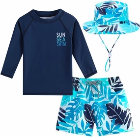 Baby Boys Swimsuit, 3-Piece Toddlers Swimsuit Trunk Long Sleeve Rashguard Swimwear and Sun Hat Set