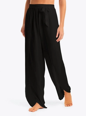 Basic Solid Tie Waist Beach Pant Swim Cover In Black