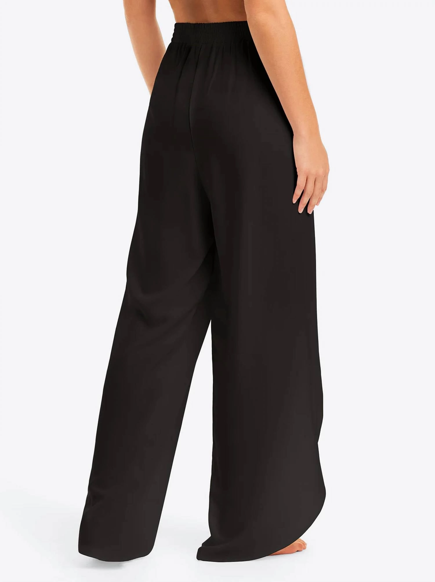 Basic Solid Tie Waist Beach Pant Swim Cover In Black