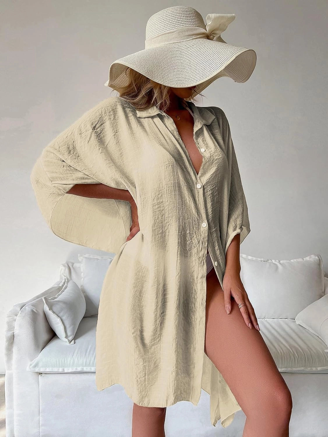 Batwing Sleeve Beach Cover Up Button Front Kimono Bathing Suit Cover Ups