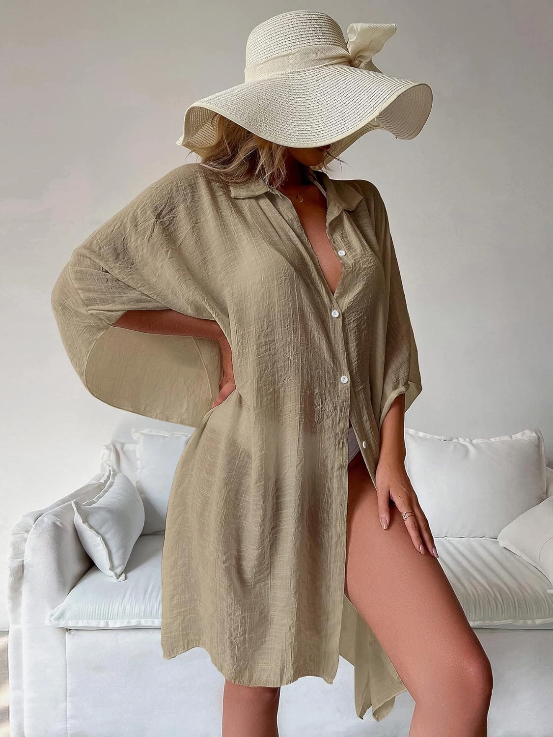 Batwing Sleeve Beach Cover Up Button Front Kimono Bathing Suit Cover Ups