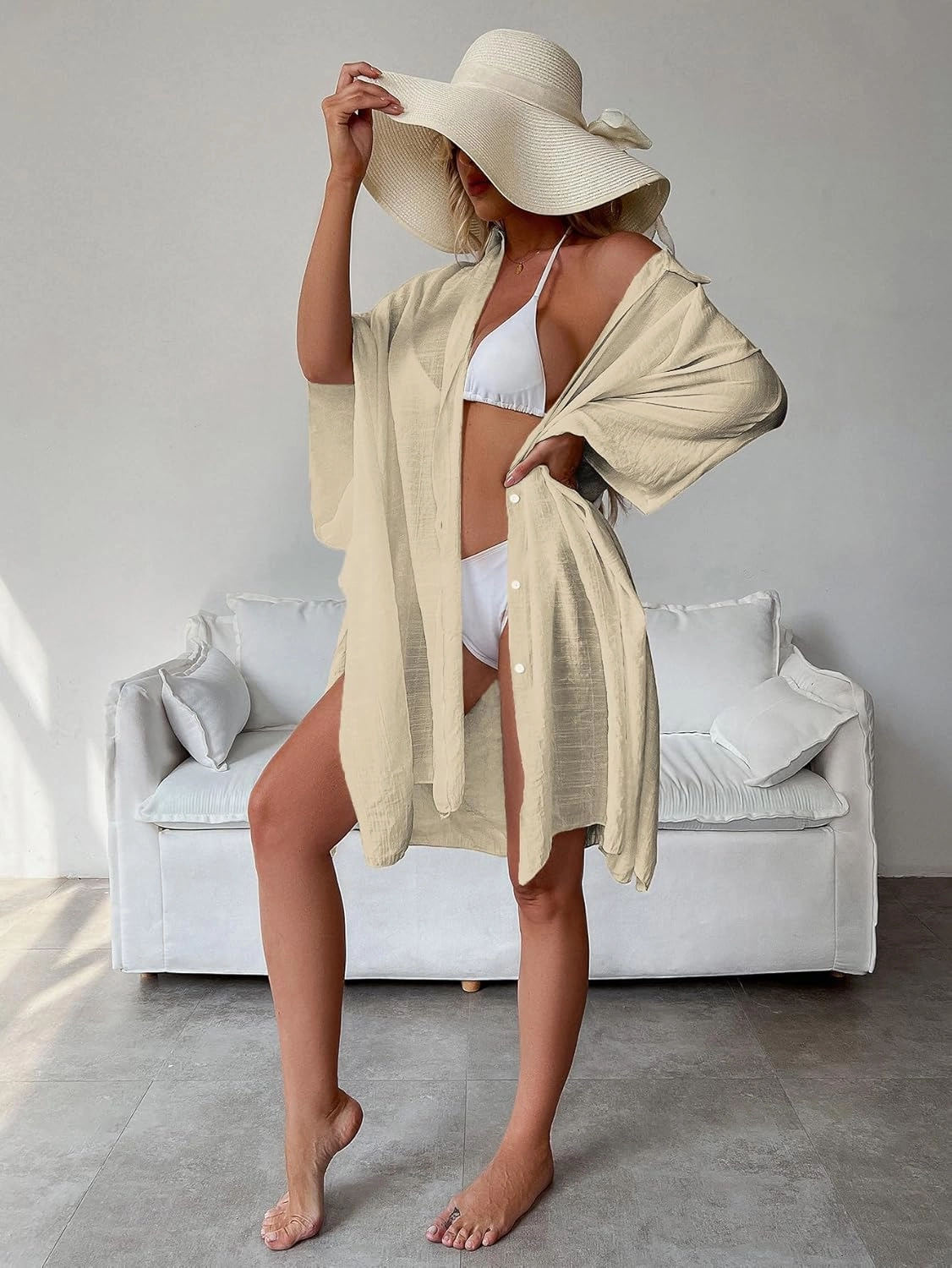 Batwing Sleeve Beach Cover Up Button Front Kimono Bathing Suit Cover Ups