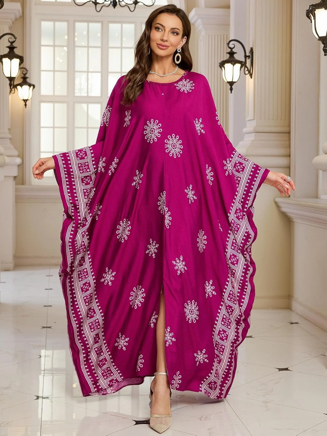 Beach Cover-ups Women's Wave Point V-Neck Caftans Rayon Ethnic Print Plus Size Caftan Over-Sized Half-Sleeve Kaftan