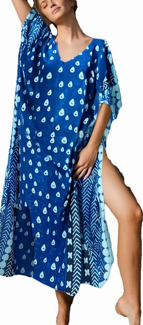 Beach Cover-ups Women's Wave Point V-Neck Caftans Rayon Ethnic Print Plus Size Caftan Over-Sized Half-Sleeve Kaftan