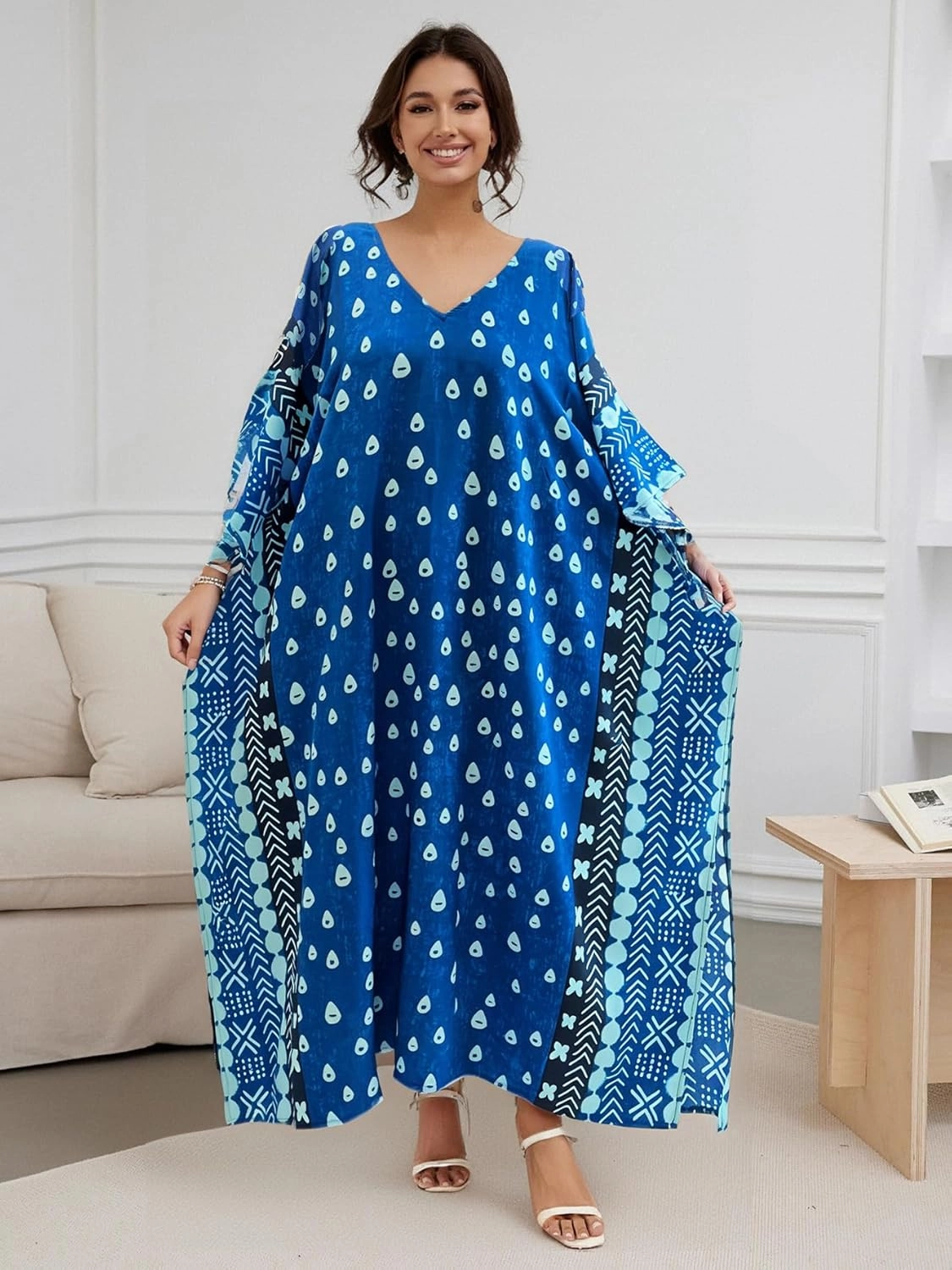 Beach Cover-ups Women's Wave Point V-Neck Caftans Rayon Ethnic Print Plus Size Caftan Over-Sized Half-Sleeve Kaftan
