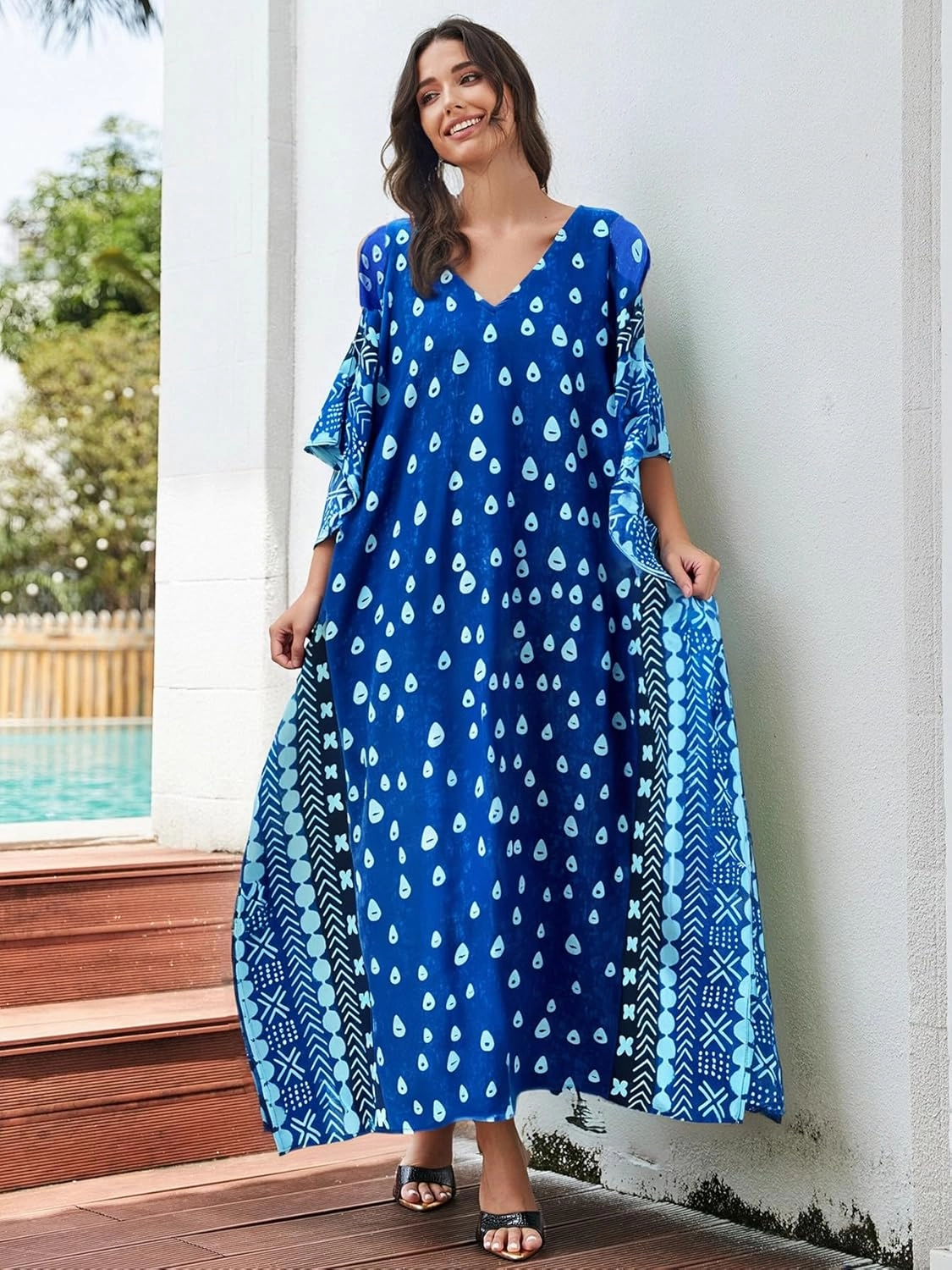 Beach Cover-ups Women's Wave Point V-Neck Caftans Rayon Ethnic Print Plus Size Caftan Over-Sized Half-Sleeve Kaftan