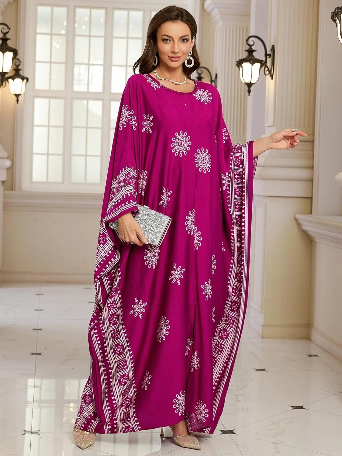 Beach Cover-ups Women's Wave Point V-Neck Caftans Rayon Ethnic Print Plus Size Caftan Over-Sized Half-Sleeve Kaftan