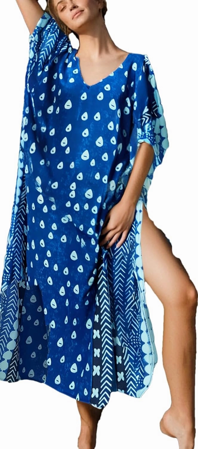 Beach Cover-ups Women's Wave Point V-Neck Caftans Rayon Ethnic Print Plus Size Caftan Over-Sized Half-Sleeve Kaftan