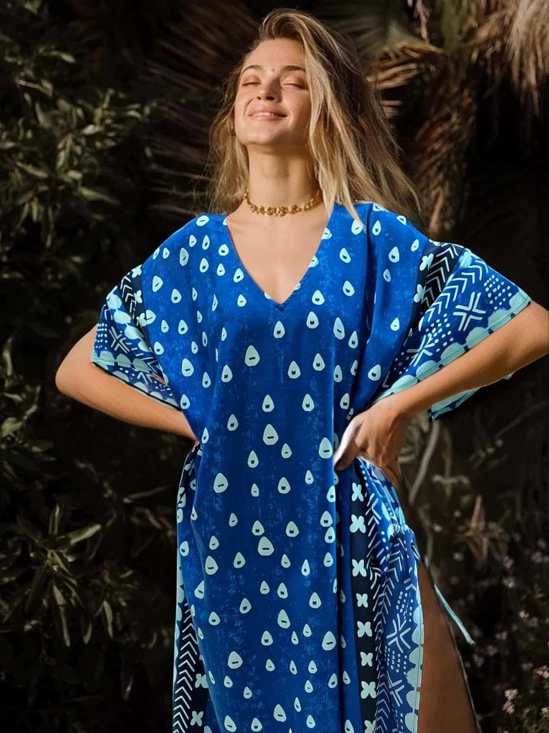 Beach Cover-ups Women's Wave Point V-Neck Caftans Rayon Ethnic Print Plus Size Caftan Over-Sized Half-Sleeve Kaftan