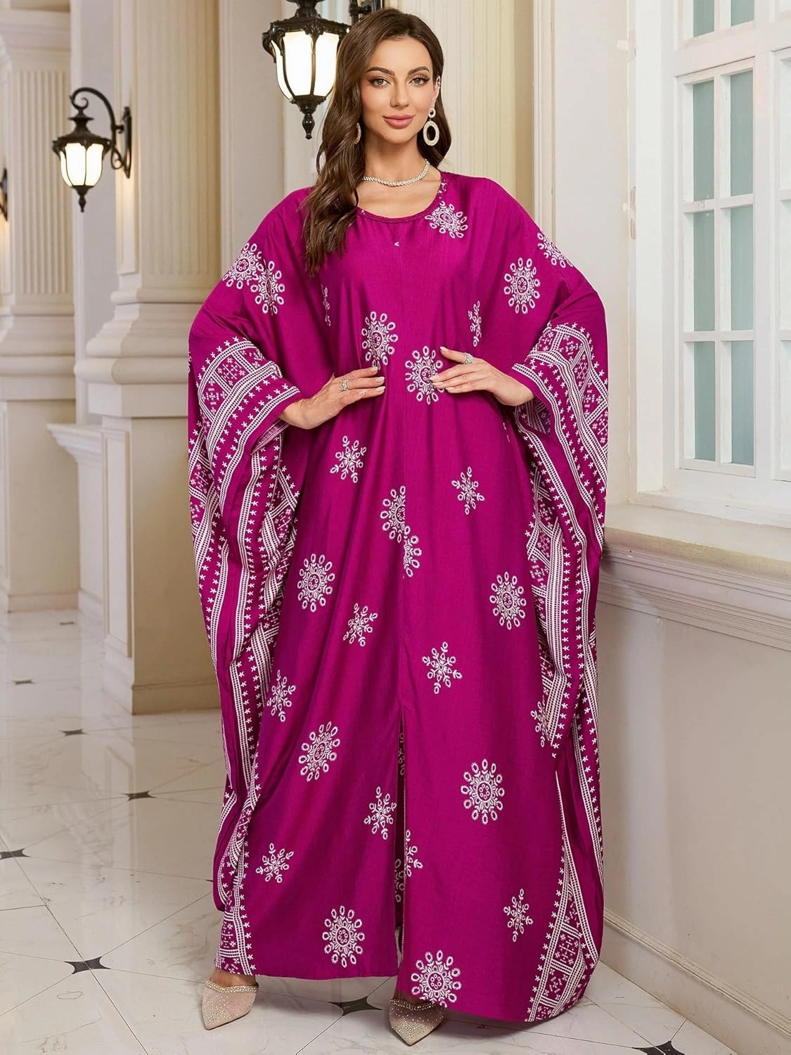 Beach Cover-ups Women's Wave Point V-Neck Caftans Rayon Ethnic Print Plus Size Caftan Over-Sized Half-Sleeve Kaftan