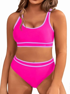 Beautife Womens Plus Size High Waist Bikini Sets Sporty Color Block Two Piece Swimsuit Cheeky Wide Strap Bathing Suit