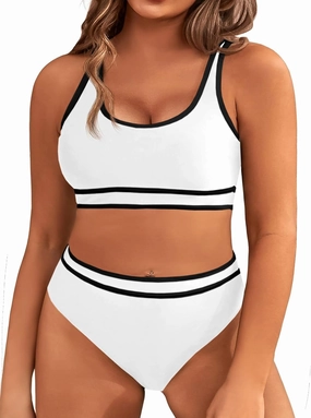 Beautife Womens Plus Size High Waist Bikini Sets Sporty Color Block Two Piece Swimsuit Cheeky Wide Strap Bathing Suit