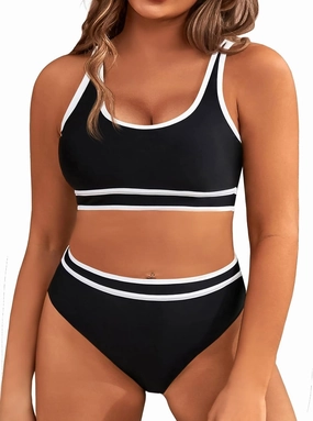 Beautife Womens Plus Size High Waist Bikini Sets Sporty Color Block Two Piece Swimsuit Cheeky Wide Strap Bathing Suit