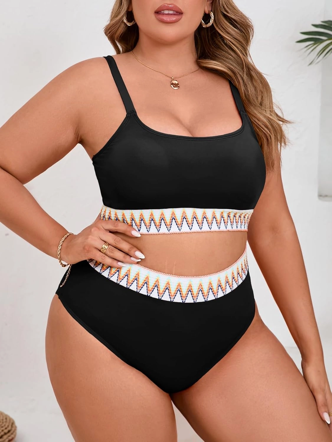 Beautife Womens Plus Size High Waisted Bikini Sets Tummy Control Bathing Suits Color Block Adjustable Straps 2 Piece Swimsuit