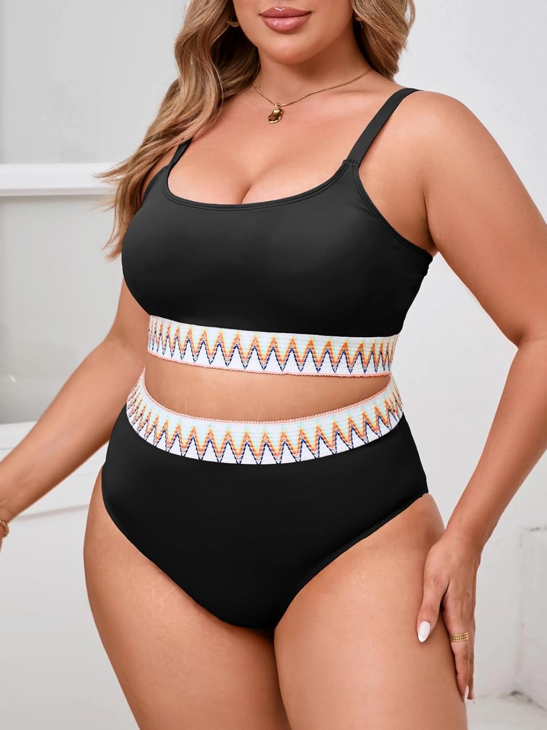 Beautife Womens Plus Size High Waisted Bikini Sets Tummy Control Bathing Suits Color Block Adjustable Straps 2 Piece Swimsuit